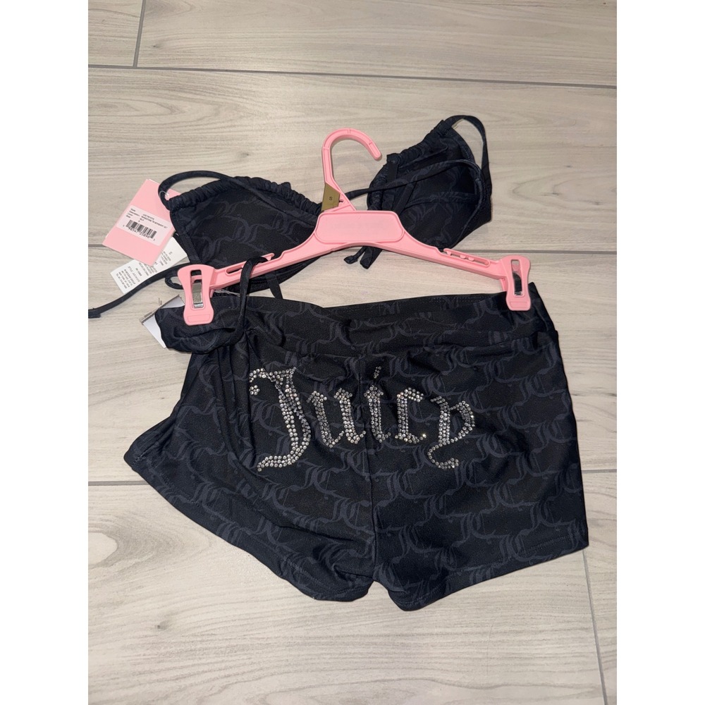 Juicy Couture Black Monogram Rhinestone Triangle Bikini Boy Short Set NWT Small